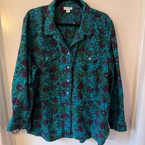 Sundance Rhea Floral Eyelet Ruffle Button Front Blouse XXL Teal Burgundy Boho